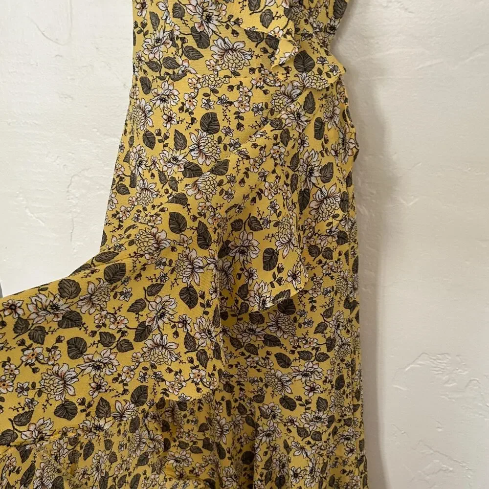 Max Studio Yellow Floral Boho Midi Wrap Dress Summer Spring Size Medium